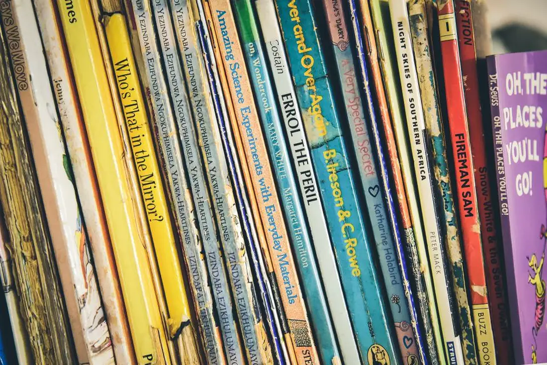 Lombadas de livros infantis em inglês enfileiradas em uma estante