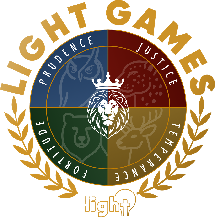 Emblema dos Light Games: um leão coroado no centro das quatro virtudes